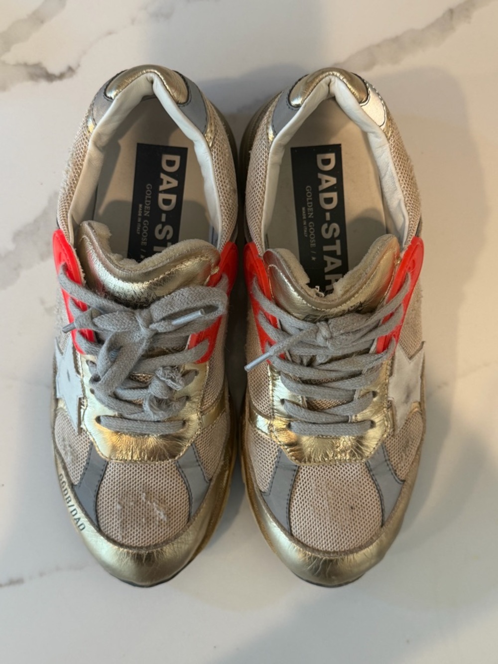 Golden Goose Dadstar Metallic Gold Sneakers with Red orange Eyelet Accents - Picture 8 of 9